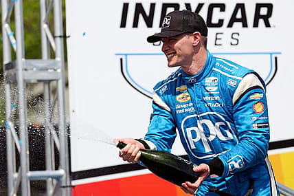 Mar 10, 2024; St. Petersburg, Florida, USA; Indycar driver Josef Newgarden (2) celebrates winning the Grand Prix of St. Petersburg. Mandatory Credit: Peter Casey-USA TODAY Sports