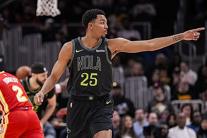 Mar 10, 2024; Atlanta, Georgia, USA; New Orleans Pelicans guard Trey Murphy III (25) reacts after scoring against the Atlanta Hawks during the first half at State Farm Arena. Mandatory Credit: Dale Zanine-USA TODAY Sports