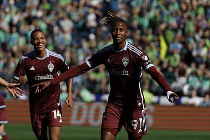 Mar 16, 2024; Seattle, Washington, USA; Colorado Rapids forward Kevin Cabral (91) celebrates scoring against Seattle Sounders FC during the second half against Seattle Sounders FC at Lumen Field. Mandatory Credit: Joe Nicholson-USA TODAY Sports