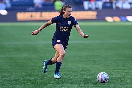 Mar 17, 2024; Seattle, Washington, USA; Seattle Reign defender Sofia Huerta  (11) moves the ball against the Washington Spirit during the second half at Lumen Field. Mandatory Credit: Steven Bisig-USA TODAY Sports