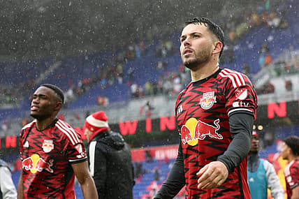 Mar 23, 2024; Harrison, New Jersey, USA; New York Red Bulls midfielder Lewis Morgan (9) after the match against Inter Miami CF at Red Bull Arena. Mandatory Credit: Vincent Carchietta-USA TODAY Sports