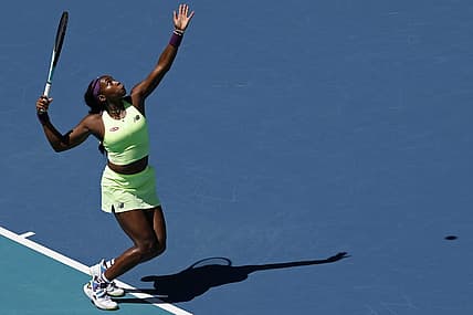 Mar 24, 2024; Miami Gardens, FL, USA; Coco Gauff (USA) serves against Ocean Dodin (FRA) (not pictured) on day seven of the Miami Open at Hard Rock Stadium. Mandatory Credit: Geoff Burke-USA TODAY Sports