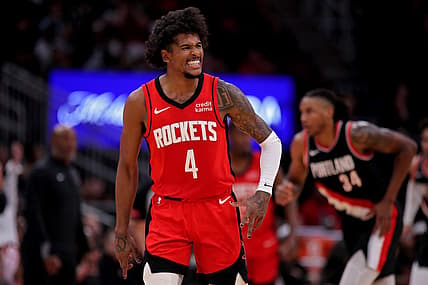 Mar 25, 2024; Houston, Texas, USA; Houston Rockets guard Jalen Green (4) reacts after a basket against the Portland Trail Blazers during the fourth quarter at Toyota Center. Mandatory Credit: Erik Williams-USA TODAY Sports
