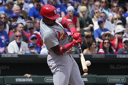 Mar 26, 2024; Mesa, Arizona, USA; St. Louis Cardinals right fielder Jordan Walker (18) hits against the Chicago Cubs in the first inning at Sloan Park. Mandatory Credit: Rick Scuteri-USA TODAY Sports
