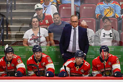Mar 28, 2024; Sunrise, Florida, USA; Florida Panthers head coach Paul Maurice looks on from the bench against the New York Islanders during the third period at Amerant Bank Arena. Mandatory Credit: Sam Navarro-USA TODAY Sports