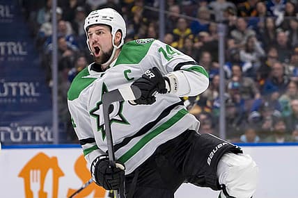 Mar 28, 2024; Vancouver, British Columbia, CAN; Dallas Stars forward Jamie Benn (14) celebrates his goal against the Vancouver Canucks in the third period at Rogers Arena. Dallas won 3 - 1. Mandatory Credit: Bob Frid-USA TODAY Sports