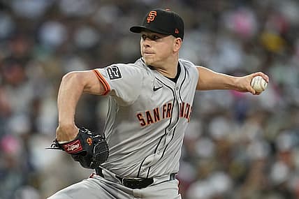 Mar 29, 2024; San Diego, California, USA; San Francisco Giants starting pitcher Kyle Harrison (45) throws a pitch against the San Diego Padres during the first inning at Petco Park. Mandatory Credit: Ray Acevedo-USA TODAY Sports