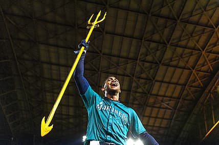 Mar 30, 2024; Seattle, Washington, USA; Seattle Mariners center fielder Julio Rodriguez (44) celebrates after hitting a walk-off RBI-single against the Boston Red Sox during the tenth inning at T-Mobile Park. Mandatory Credit: Joe Nicholson-USA TODAY Sports