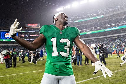 Nov 26, 2023; Philadelphia, Pennsylvania, USA; Philadelphia Eagles wide receiver Olamide Zaccheaus (13) reacts after a victory against the Buffalo Bills at Lincoln Financial Field. Mandatory Credit: Bill Streicher-USA TODAY Sports