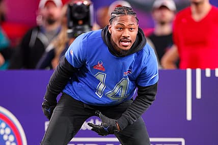 Feb 1, 2024; Orlando, FL, USA;  Buffalo Bills wide receiver Stefon Diggs (14) participates in the NFL Pro Bowl Skills Competition at the UCF NIcholson Fieldhouse. Mandatory Credit: Nathan Ray Seebeck-USA TODAY Sports