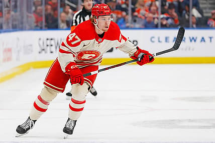 Feb 24, 2024; Edmonton, Alberta, CAN; Calgary Flames forward Connor Zary (47) against the Edmonton Oilers at Rogers Place. Mandatory Credit: Perry Nelson-USA TODAY Sports