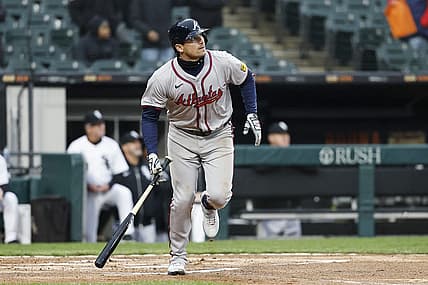 Apr 1, 2024; Chicago, Illinois, USA; Atlanta Braves third baseman Austin Riley (27) watches his three-run home run against the Chicago White Sox during the eight inning at Guaranteed Rate Field. Mandatory Credit: Kamil Krzaczynski-USA TODAY Sports