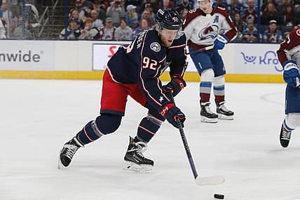 Apr 1, 2024; Columbus, Ohio, USA; Columbus Blue Jackets left wing Alexander Nylander (92) carries the puck against the Colorado Avalanche during the first period at Nationwide Arena. Mandatory Credit: Russell LaBounty-USA TODAY Sports
