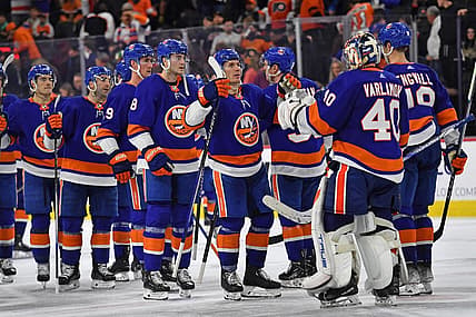 Apr 1, 2024; Philadelphia, Pennsylvania, USA; New York Islanders center Casey Cizikas (53) and goaltender Semyon Varlamov (40) celebrate win in overtime against the Philadelphia Flyers at Wells Fargo Center. Mandatory Credit: Eric Hartline-USA TODAY Sports