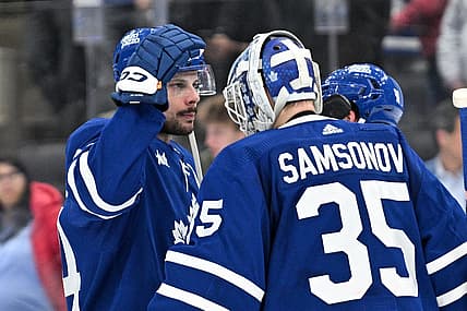Apr 1, 2024; Toronto, Ontario, CAN; Toronto Maple Leafs forward Auston Matthews (34) greets goalie Ilya Samsonov (35) after a win over the Florida Panthers at Scotiabank Arena. Mandatory Credit: Dan Hamilton-USA TODAY Sports