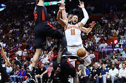 Apr 2, 2024; Miami, Florida, USA; New York Knicks guard Jalen Brunson (11) reacts after driving to the basket against Miami Heat forward Caleb Martin (16) during the first quarter at Kaseya Center. Mandatory Credit: Sam Navarro-USA TODAY Sports