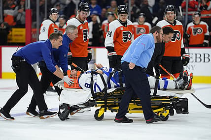 NHL: Chris Tanev taken off ice on stretcher, Toronto Maple Leafs at Philadelphia Flyers