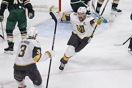 Vegas Golden Knights right wing Mark Stone (61) celebrates after scoring against Minnesota Wild goaltender Filip Gustavsson during the third period of Game 6 of a first-round NHL hockey playoff series Thursday, May 1, 2025, in St. Paul, Minn. (AP Photo/Bailey Hillesheim)