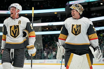 Eichel and Hill are all smiles after the VGK victory over the Stars 11/22/23, credit VGK twitter