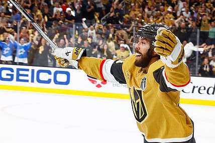 LAS VEGAS, NV - JUNE 13: Chandler Stephenson #20 of the Vegas Golden Knights celebrates a goal during Game Five of the NHL Stanley Cup Final between the Florida Panthers and the Vegas Golden Knights on June 13, 2023 at T-Mobile Arena in Las Vegas, Nevada. (Photo by Jeff Speer/Icon Sportswire)