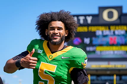 Oregon quarterback Dante Moore walks off the field during the Oregon Ducks annual spring game on April 25, 2026 at Autzen