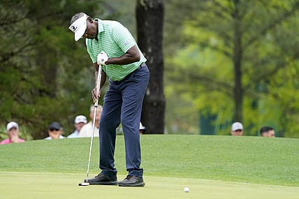 Apr 7, 2022; Augusta, Georgia, USA; Vijay Singh putts on the no. 6 green during the first round of The Masters golf tournament at Augusta National Golf Club. Mandatory Credit: Danielle Parhizkaran-Augusta Chronicle/USA TODAY Sports