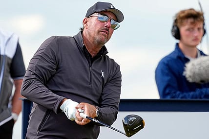 Jul 15, 2022; St. Andrews, SCT; Phil Mickelson tees off on the 15th hole during the second round of the 150th Open Championship golf tournament at St. Andrews Old Course. Mandatory Credit: Michael Madrid-USA TODAY Sports
