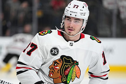 Mar 26, 2022; Las Vegas, Nevada, USA; Chicago Blackhawks center Kirby Dach (77) warms up before a game against the Vegas Golden Knights at T-Mobile Arena. Mandatory Credit: Stephen R. Sylvanie-USA TODAY Sports