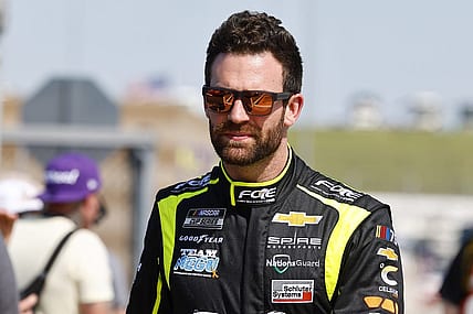 May 6, 2023; Kansas City, Kansas, USA; NASCAR Cup Series driver Corey LaJoie (7) during Cup Practice and Qualifying at Kansas Speedway. Mandatory Credit: Mike Dinovo-USA TODAY Sports