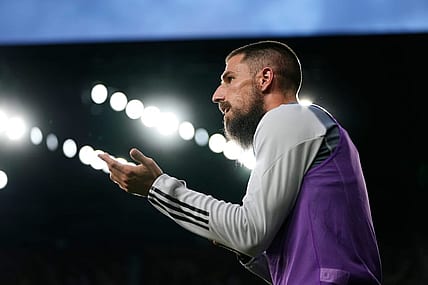 Jul 1, 2023; Columbus, Ohio, USA;  Columbus Crew defender Milos Degenek (5) prepares to take the field as a sub during the second half of the MLS soccer game against the New York Red Bulls at Lower.com Field. The Crew won 2-1.