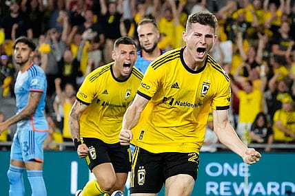 Jul 8, 2023; Columbus, Ohio, USA;  Columbus Crew midfielder Sean Zawadzki (25) reacts to scoring a goal during the second half of the MLS soccer match against the New York City FC at Lower.com Field. The Crew tied 1-1.