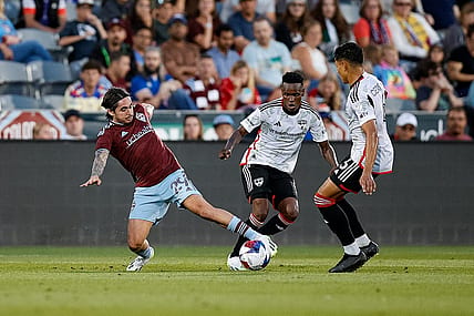 Jul 8, 2023; Commerce City, Colorado, USA; Colorado Rapids midfielder Braian Galvan (29) battles for the ball with FC Dallas midfielder Edwin Cerrillo (6) and forward Jader Obrian (8) in the first half at Dick's Sporting Goods Park. Mandatory Credit: Isaiah J. Downing-USA TODAY Sports