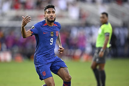 Jul 12, 2023; San Diego, Californina, USA; United States forward Jesus Ferreira (9) celebrates after scoring a goal against Panama during extra time at Snapdragon Stadium. Mandatory Credit: Orlando Ramirez-USA TODAY Sports