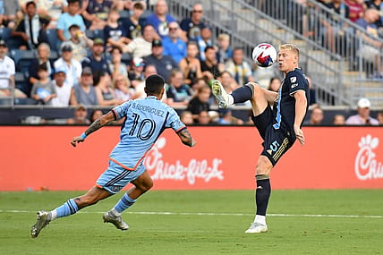 Jul 15, 2023; Philadelphia, Pennsylvania, USA; Philadelphia Union defender Jakob Glesnes (5) controls the ball while defended by New York City FC midfielder Santiago Rodriguez (10) during the first half at Subaru Park. Mandatory Credit: Eric Hartline-USA TODAY Sports