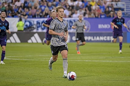 Jul 15, 2023; Montreal, Quebec, CAN; CF Montreal midfielder Bryce Duke (10) dribbles the ball during the first half at Stade Saputo. Mandatory Credit: Eric Bolte-USA TODAY Sports