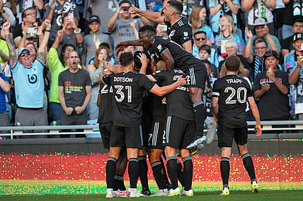 Jul 15, 2023; Saint Paul, Minnesota, USA; The Minnesota United team celebrates a goal by Minnesota United midfielder Emanuel Reynoso (10) in the first half against Los Angeles FC at Allianz Field. Mandatory Credit: Matt Blewett-USA TODAY Sports