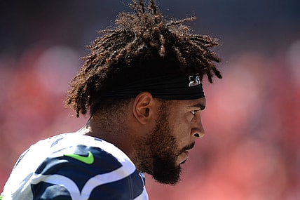 Caption: Aug 13, 2016; Kansas City, MO, USA; Seattle Seahawks tackle Garry Gilliam (79) before the game against the Kansas City Chiefs at Arrowhead Stadium. Seattle won the game 17-16. Mandatory Credit: John Rieger-USA TODAY Sports