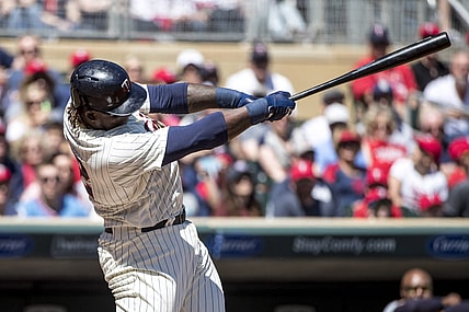 Apr 22, 2017; Minneapolis, MN, USA; Minnesota Twins first baseman Miguel Sano (22) hits a double in the first inning against the Detroit Tigers at Target Field. Mandatory Credit: Jesse Johnson-USA TODAY Sports
