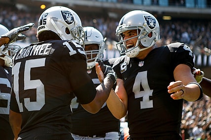 Oakland Raiders receiver Michael Crabtree and quarterback Derek Carr in NFL Week 2