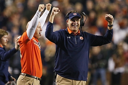 Auburn head coach Gus Malzahn celebrates during Iron Bowl win over Alabama in Rivalry Week