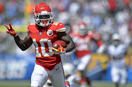 Sep 9, 2018; Carson, CA, USA; Kansas City Chiefs wide receiver Tyreek Hill (10) returns a punt for a touchdown during the first quarter against the Los Angeles Chargers at StubHub Center. Mandatory Credit: Jake Roth-USA TODAY Sports
