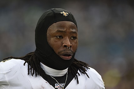 Saints RB Alvin Kamara on sideline against the Panthers.
