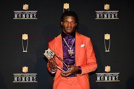 Baltimore Ravens QB Lamar Jackson with the NFL MVP award