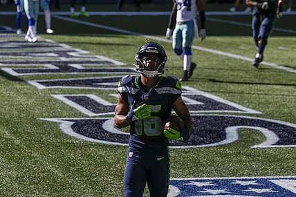Seattle Seahawks WR Tyler Lockett celebrates a touchdown against the Dallas Cowboys