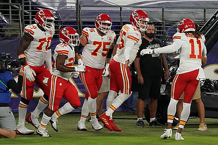 Chiefs QB Patrick Mahomes celebrates during game against Ravens