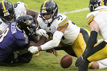 Nov 1, 2020; Baltimore, Maryland, USA; Pittsburgh Steelers free safety Minkah Fitzpatrick (39) hits Baltimore Ravens quarterback Lamar Jackson (8) as the ball hits the ground fourth quarter at M&T Bank Stadium. Mandatory Credit: Tommy Gilligan-USA TODAY Sports