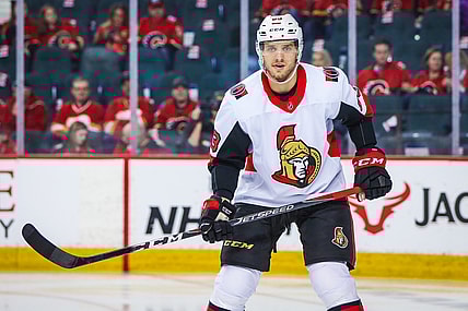 Mar 21, 2019; Calgary, Alberta, CAN; Ottawa Senators defenseman Christian Jaros (83) skates during the first period against the Calgary Flames at Scotiabank Saddledome. Mandatory Credit: Sergei Belski-USA TODAY Sports