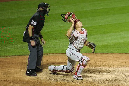 Sep 4, 2020; New York City, New York, USA;  Philadelphia Phillies catcher J.T. Realmuto (10) at Citi Field. Mandatory Credit: Wendell Cruz-USA TODAY Sports