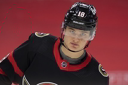 Jan 15, 2021; Ottawa, Ontario, CAN; Ottawa Senators left wing Tim Stutzle (18) warms up prior to a game against the Toronto Maple Leafs at the Canadian Tire Centre. Mandatory Credit: Marc DesRosiers-USA TODAY Sports