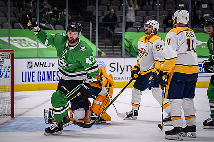 Jan 22, 2021; Dallas, Texas, USA; Dallas Stars right wing Alexander Radulov (47) celebrates scoring a goal against Nashville Predators goaltender Juuse Saros (74) as defenseman Ryan Ellis (4) and defenseman Roman Josi (59) look on during the second period at the American Airlines Center. Mandatory Credit: Jerome Miron-USA TODAY Sports